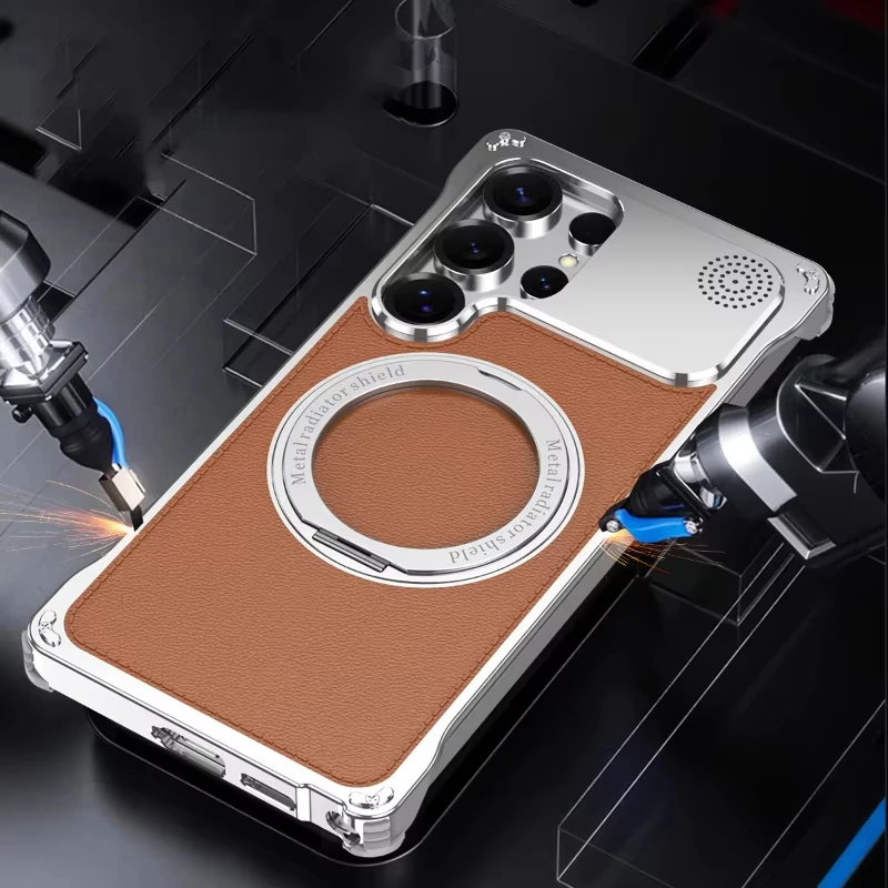 For Magsafe 360 ° Rotating Metal Bracket Ring Not Bordered Leather Aromatherapy Phone Case For Samsung S25 Ultra Back Cover