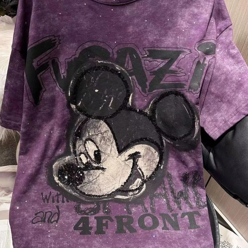 

Новые футболки с короткими рукавами с мультяшным принтом Микки Мауса, прочные, с блестящим принтом, свободные, повседневные, универсальные, удобные, модные топы для женщин