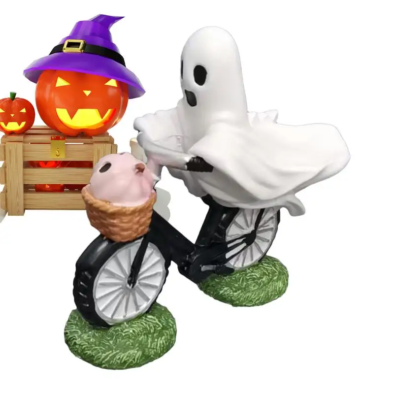 Spooky Ghost Bicycles Halloween Statues with Pink Pumpkin Ghost on Bike Riding Figurine for Halloween Decorations Party Props