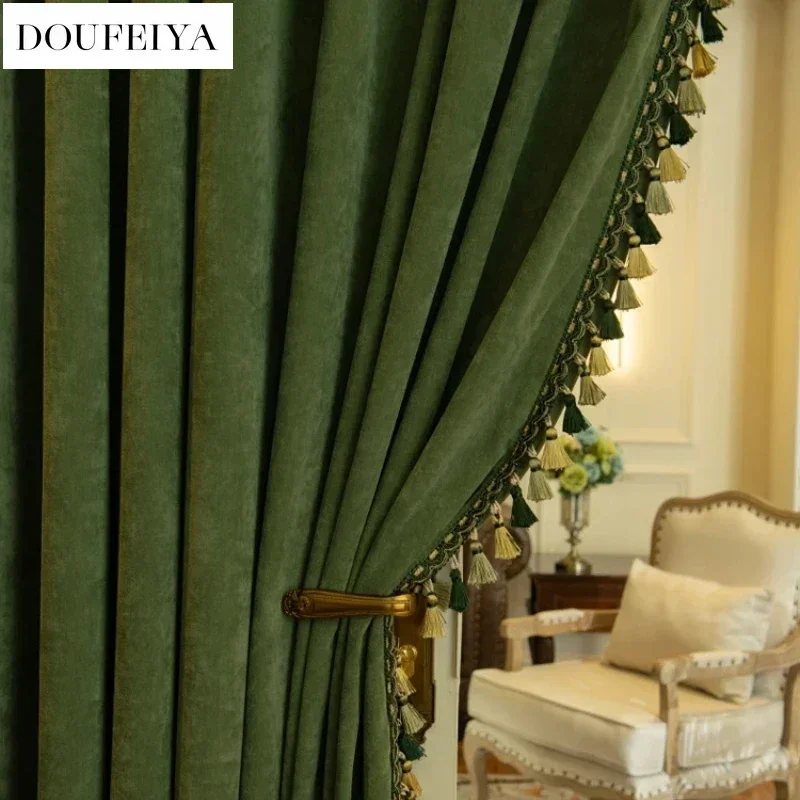 

North American Niche Retro Green Velvet Fringe Curtains for Living Room Bedroom Dining Luxury Oil Painting Atmosphere CustomSize