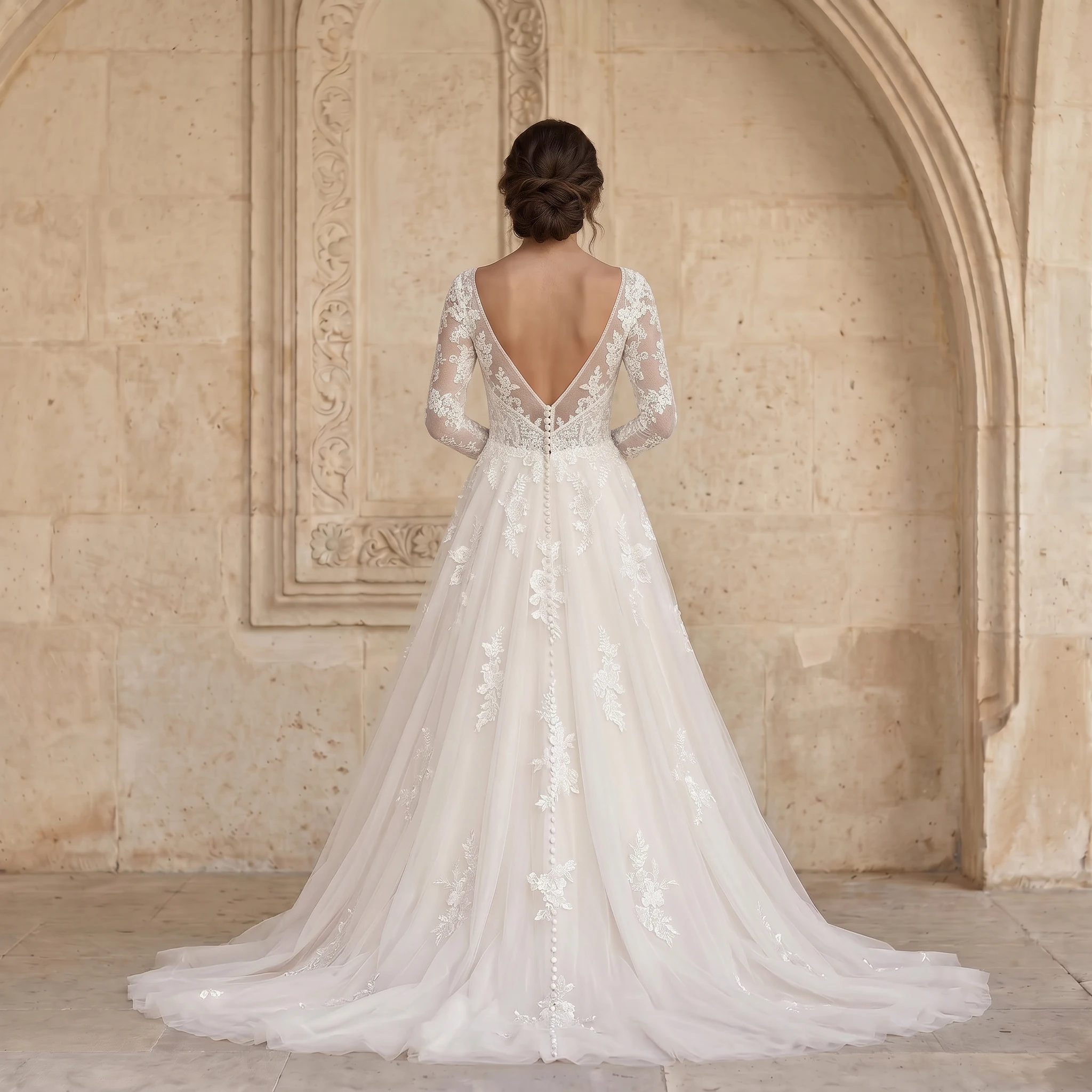 Deep V Long Sleeve A Line Wedding Dress Floral Lace Pearl Back Zipper Tulle Chapel Train Romantic Bridal Gown