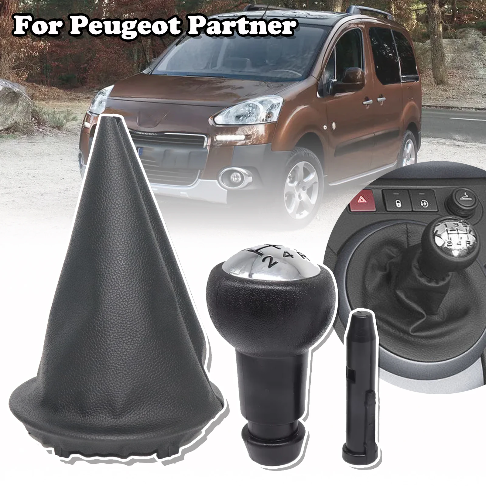 

7591T1 5 Speed Car Gear Shift Knob With Gaiter PU Leather Cover Interior Parts For Peugeot Partner 2008 2009 2010 2011 - 2018