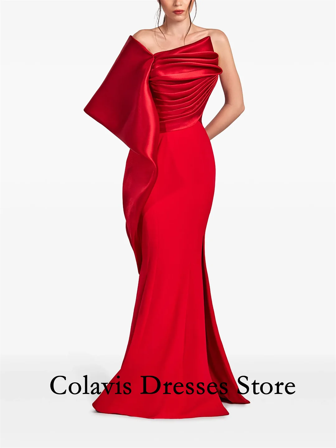 

2025 Customized One-Shoulder Ruffles Red Satin Mermaid Prom Dresses Evening Dress Women Evening Gowns Formal Party Dress