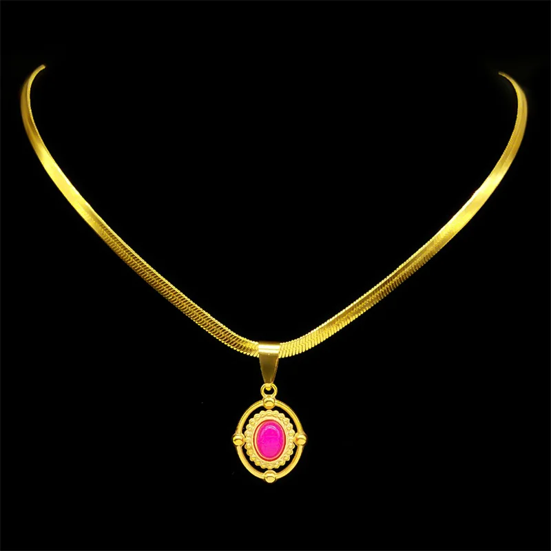 Vintage Rose Red Natural Stone Choker Pendant Necklaces for Women Stainless Steel Gold Color Oval Medal Boho Jewelry Gift