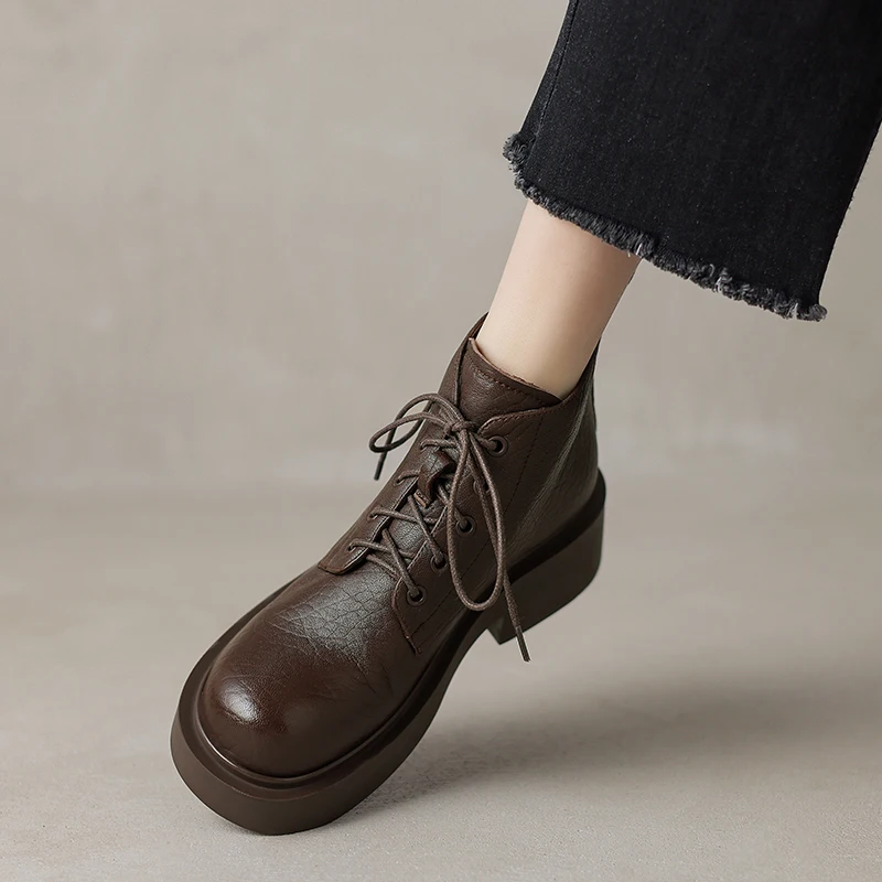 Genuine Leather Women Ankle Boots Lace Up Spring Autumn Sheepskin Woman Shoes Round Toe Mid Heel Winter Black Brown Retro Boots
