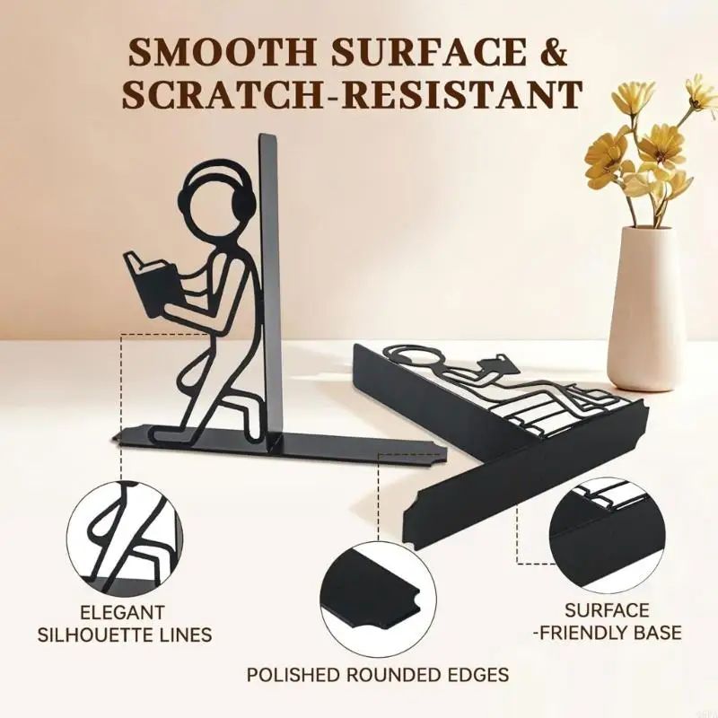 Q6PA Metal Bookends Pair for Desk Storage and Bookshelf Order, Decorative Character Outline Book Supports for Books, Magazines,