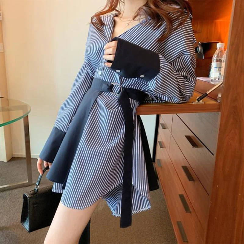 Spring Autumn Polo-neck Striped Patchwork Lace Up Shirt Dress Ladies Long Sleeve Loose Casual Vintage Blouse Women Cardigan Top