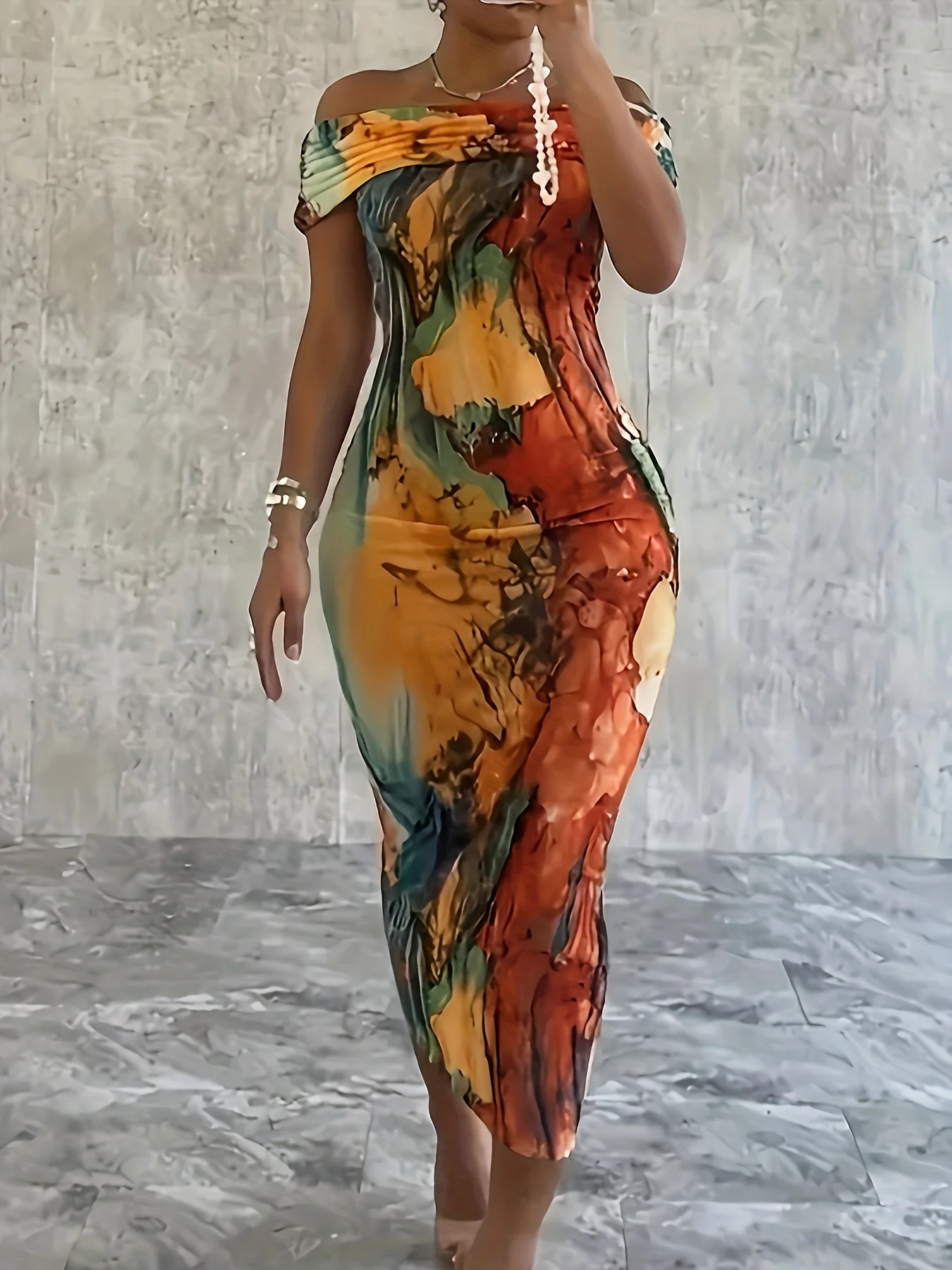 

Casual Street Everyday Elegant Vacation Mix and Match Printed Off-shoulder Dress