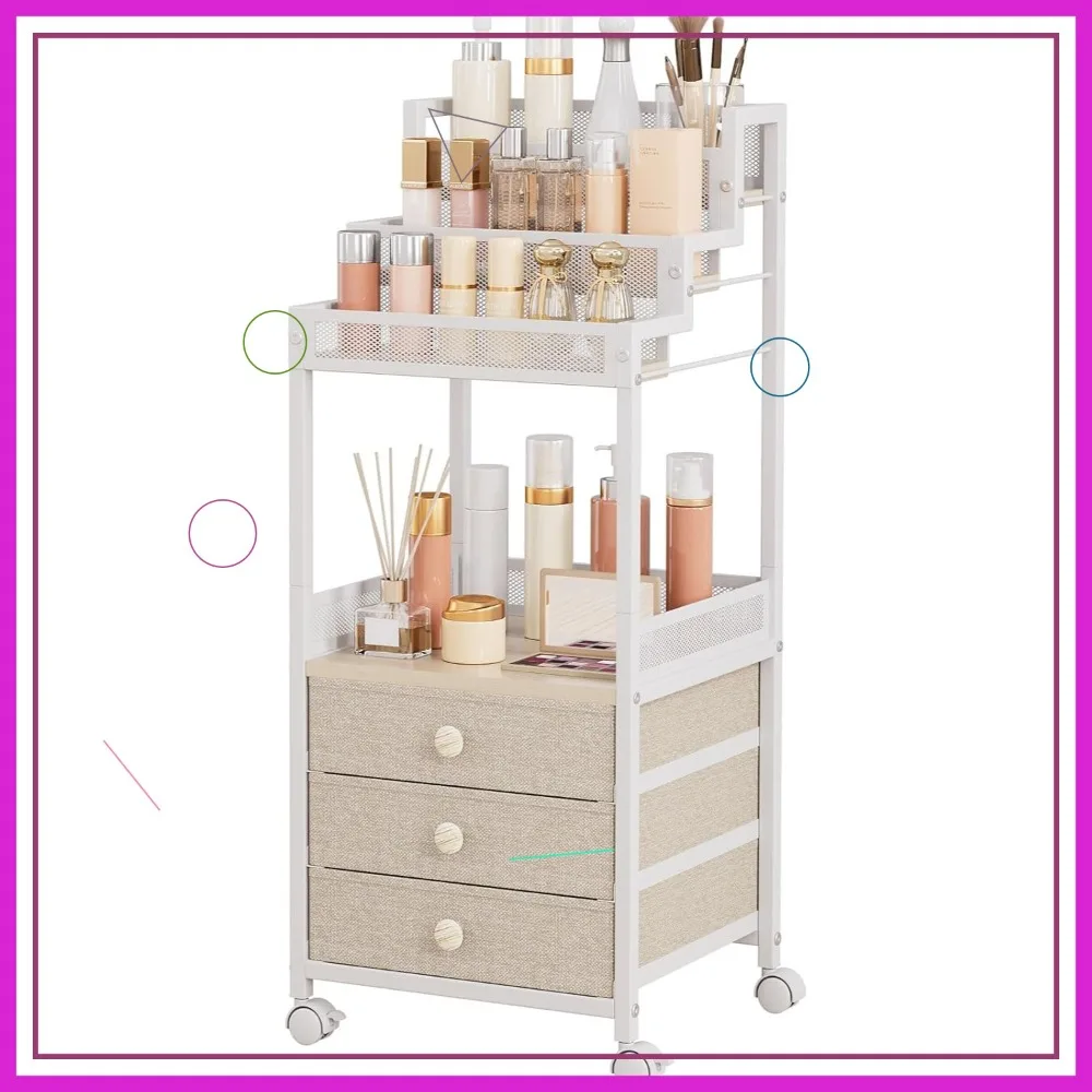 

13-Inch Large Floor Rolling Skincare Organizer Cart, 3-Tier Bathroom Stand with Drawers for Cosmetics, Nail Polish, Perfume
