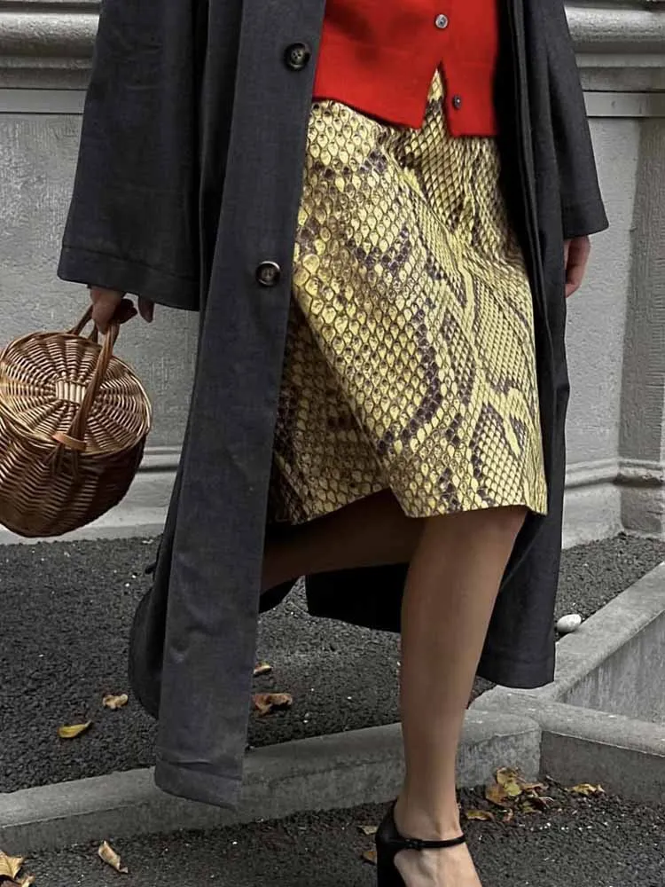 

MCDV Vintage Snake Printed Skirt Women's Fashion High Waist Contrast Patchwork Office Y2k Straight Knee Length Skirt Lady Street