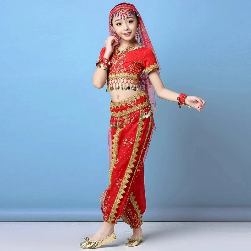 Conjunto de trajes de danza del vientre, vestidos de danza Oriental para niños, danza del vientre, niños indios, 4 colores, ropa de danza del vientre de la India