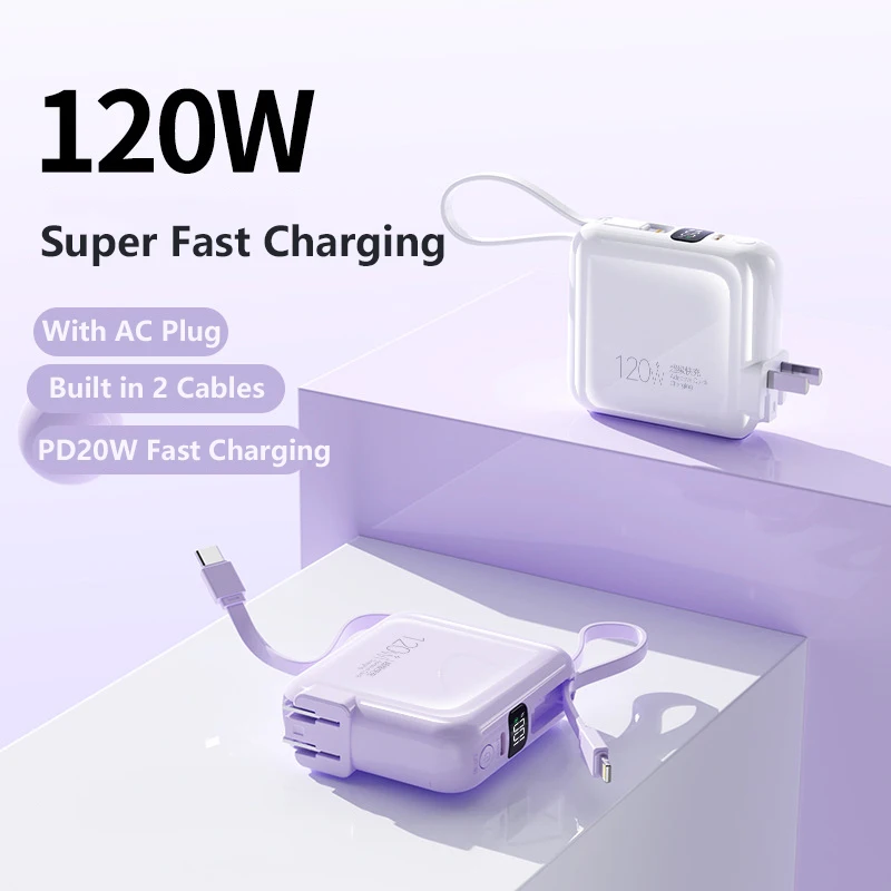 Mini Power Bank 20000mAh 120W Fast Charging Powerbank with Cable Plug Wall Charger for iPhone 16 Huawei Xiaomi Samsung Powerbank