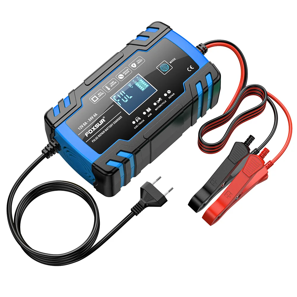 FOXSUR Car Battery Charger 12V 8A 24V 4A Touch Screen Pulse Repair LCD Fast Power Charging Wet Dry Lead Acid Digital LCD Display