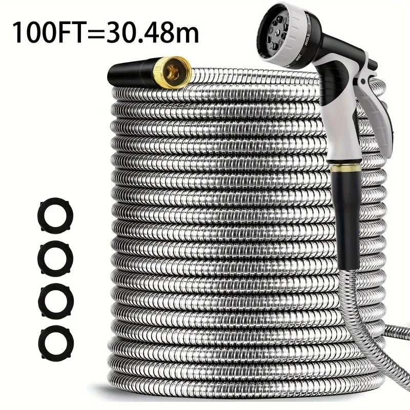 Garden Stainless Steel Water Pipe With Adjustable 10 Function Nozzle, Heavy-Duty Metal Garden Water Pipe For Courtyard Lawn Use