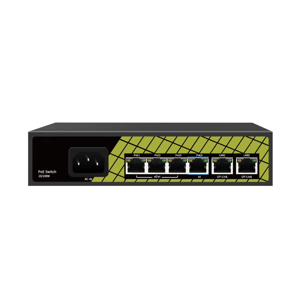 AI Long Distance PoE Switch Support IEEE802.3af/at/bt 2*100Mbps  up-link +4*100Mbps PoE Watchdog AI Function PoE port