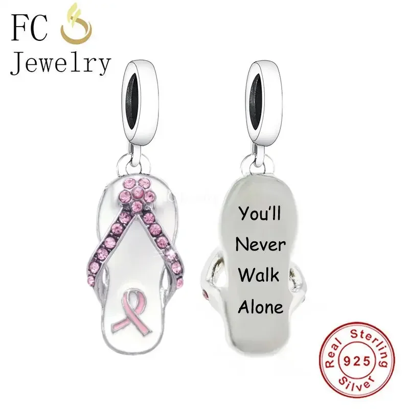 

Fit Original Pan Charms Bracelet 925 Sterling Silver Pink Ribbon Breast Cancer Flip Flop Bead For Making Women Berloque 2024
