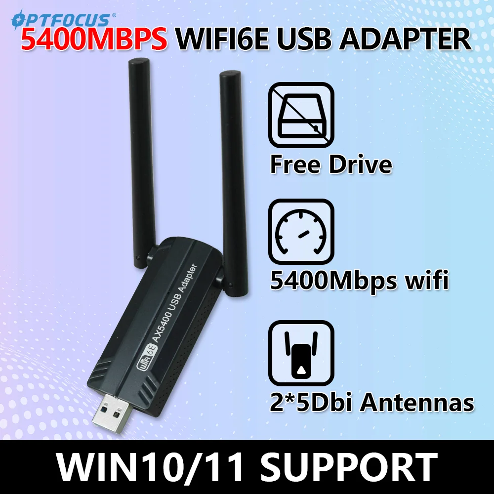 OPTFOCUS USB WIFI6 Adaptor 5400Mbps ax wi fi Dongle USB 3.0 Dual Band Wireless wifi Adaptador Para PC Network Card For Win10/11