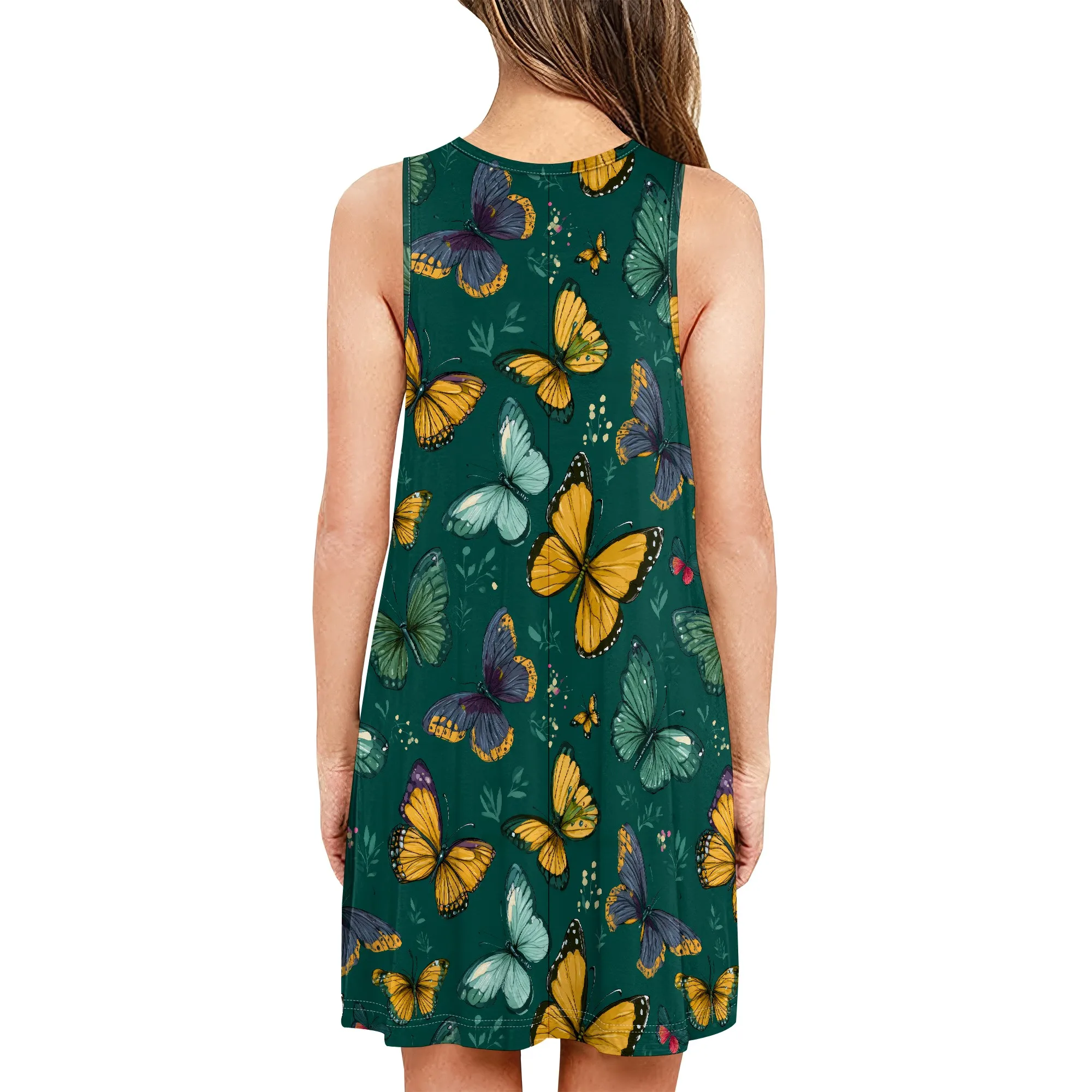 ผีเสื้อพิมพ์ฤดูร้อนแขนกุดชุดชายหาด Sundress ผู้หญิงเอวสูง A-Line Midi Tank Dresses