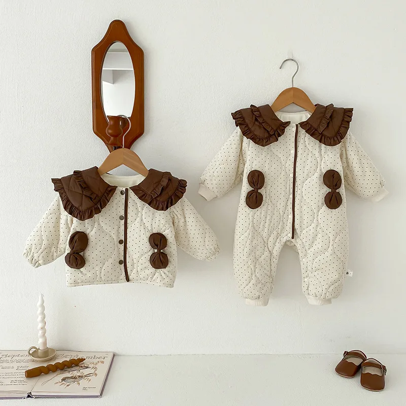 2024 Korean Autumn Winter Infant Girls Outerwear Baby Girl Solid 3D Bow Thickened Worm Romper Toddler Girls Plush Versatile Coat