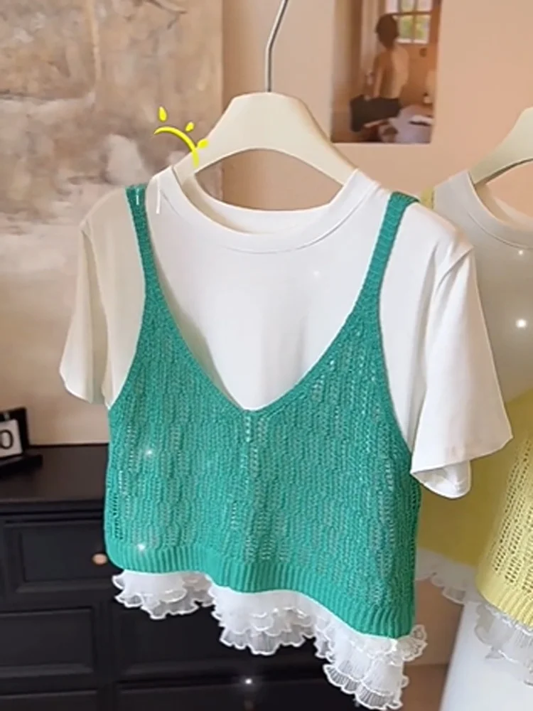 シックなブルーニットベストショートノースリーブレディースアウター春夏ファッション韓国スタイル通勤ルーズフィットソリッドカラー