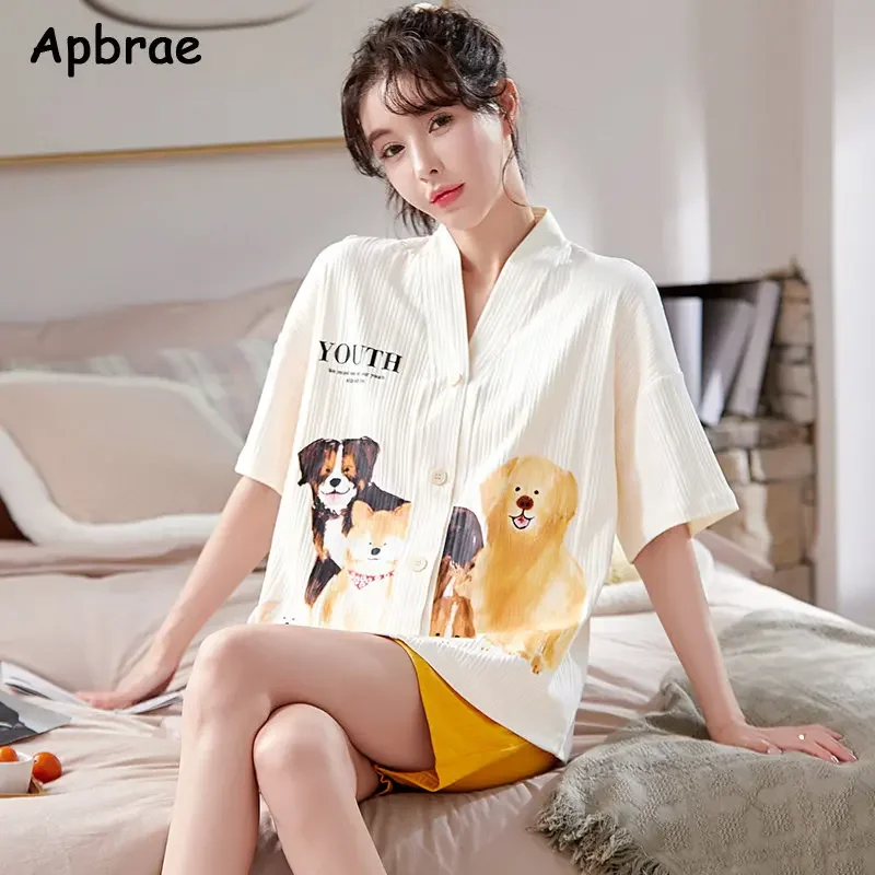 Summer Women Kimono Sleepwear Kawaii Style Pajamas Set Soft Cotton Korean Cardigan Short Sleeve Shorts Nightwear for Young Girls