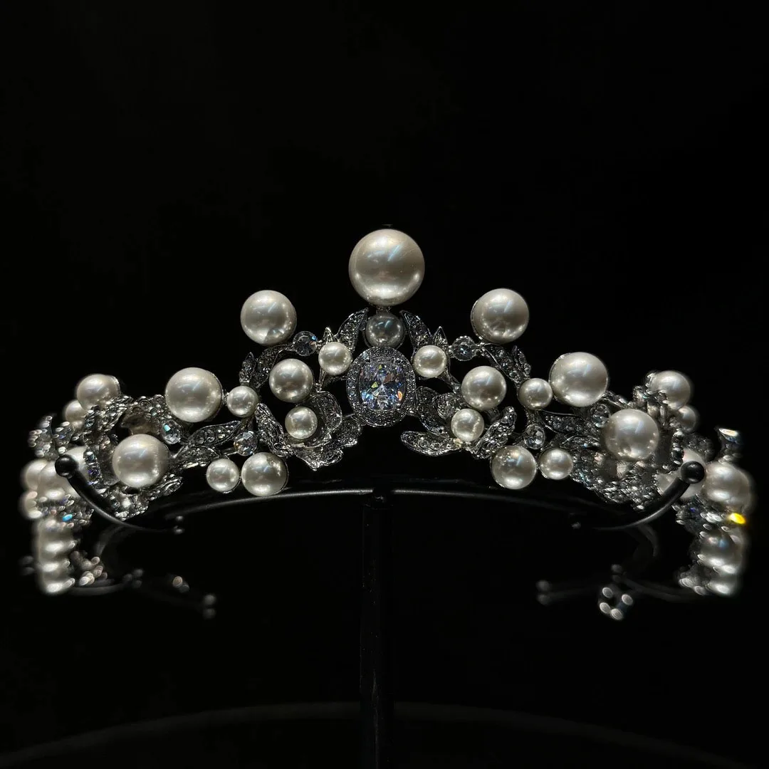 اكسسوارات شعر الزفاف لؤلؤة كريستال التيجان والتيجان الزركون عقال للعروس النساء الأميرة الملكة الإكليل مجوهرات الزفاف