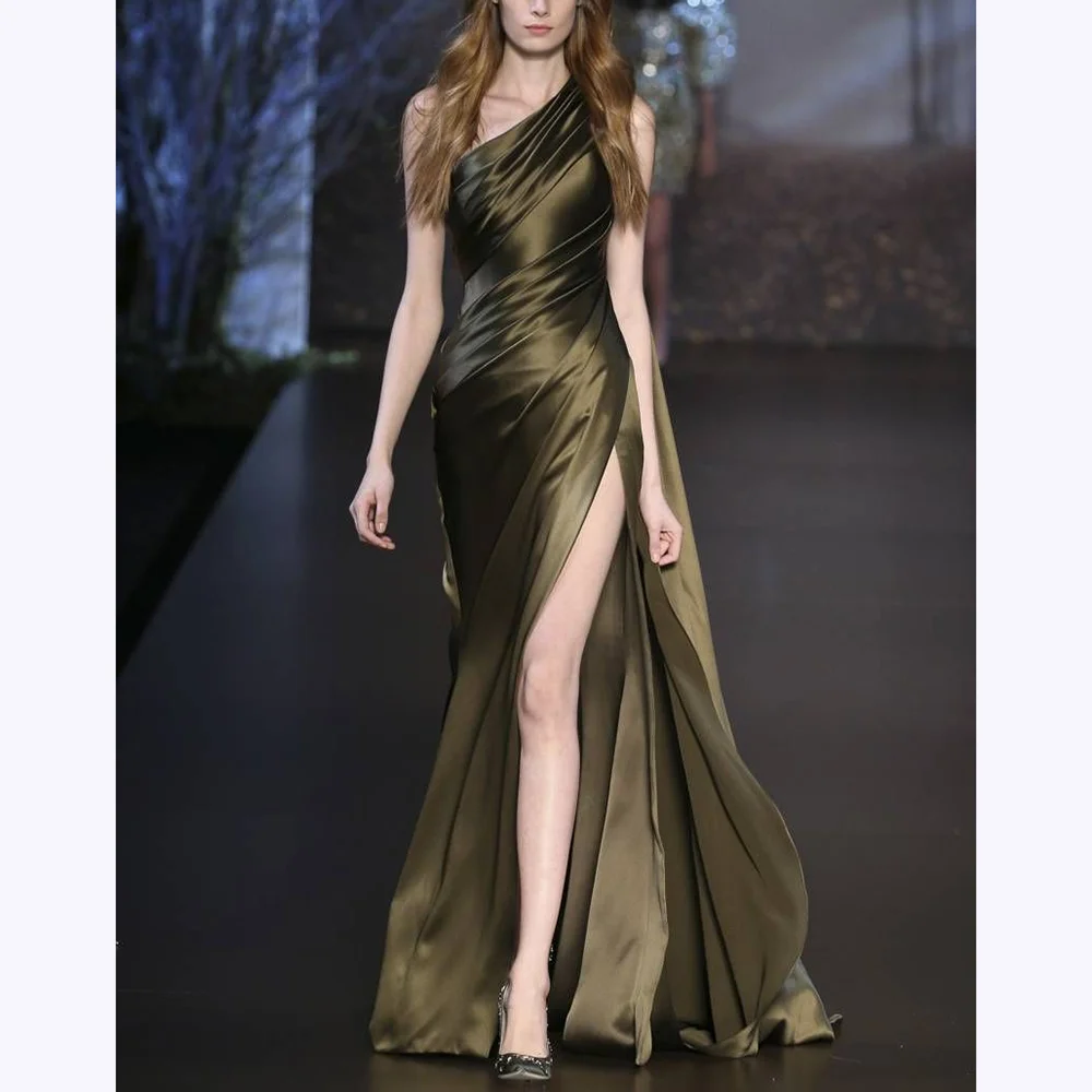 

Vintage Satin Evening Dress Mermiad One Shoulder Special Party Women Prom Dresses Sleeveless Side Slit Banquet Gowns Customized