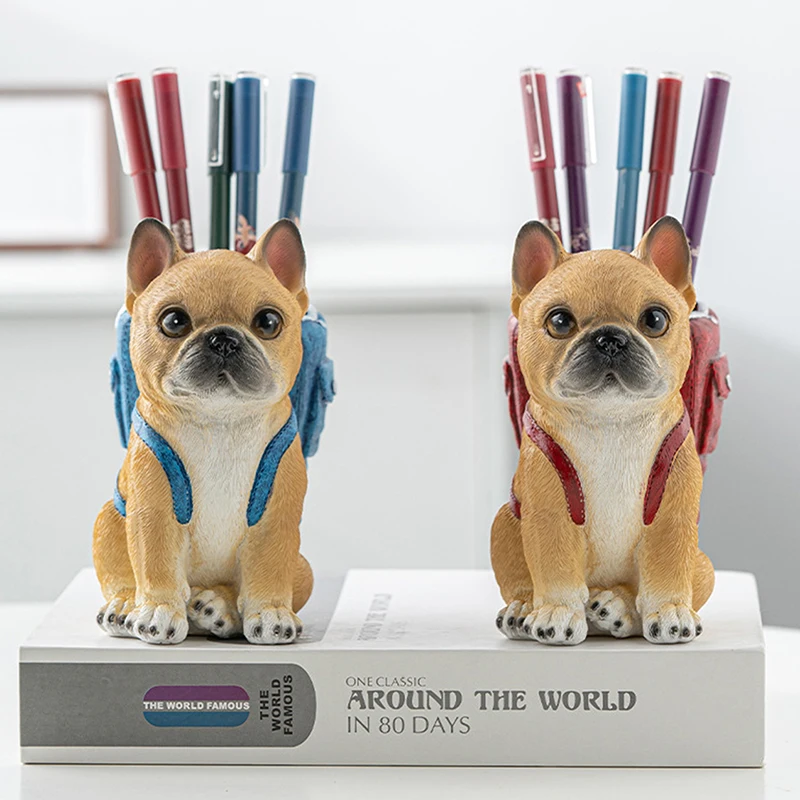 Cute Puppy Pen Holder Desktop Ornament Resin Pen Holder Office Desktop Stationery Storage Container Students Gift