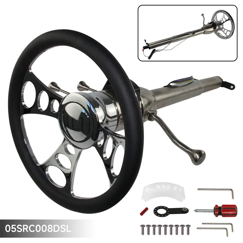 

Universal for GM Cars 69-94 Inch LR Tilt AT Collapsible Steering Column 32''/30''/28''+9 Bolt 14" Steering Wheel Stainless Steel