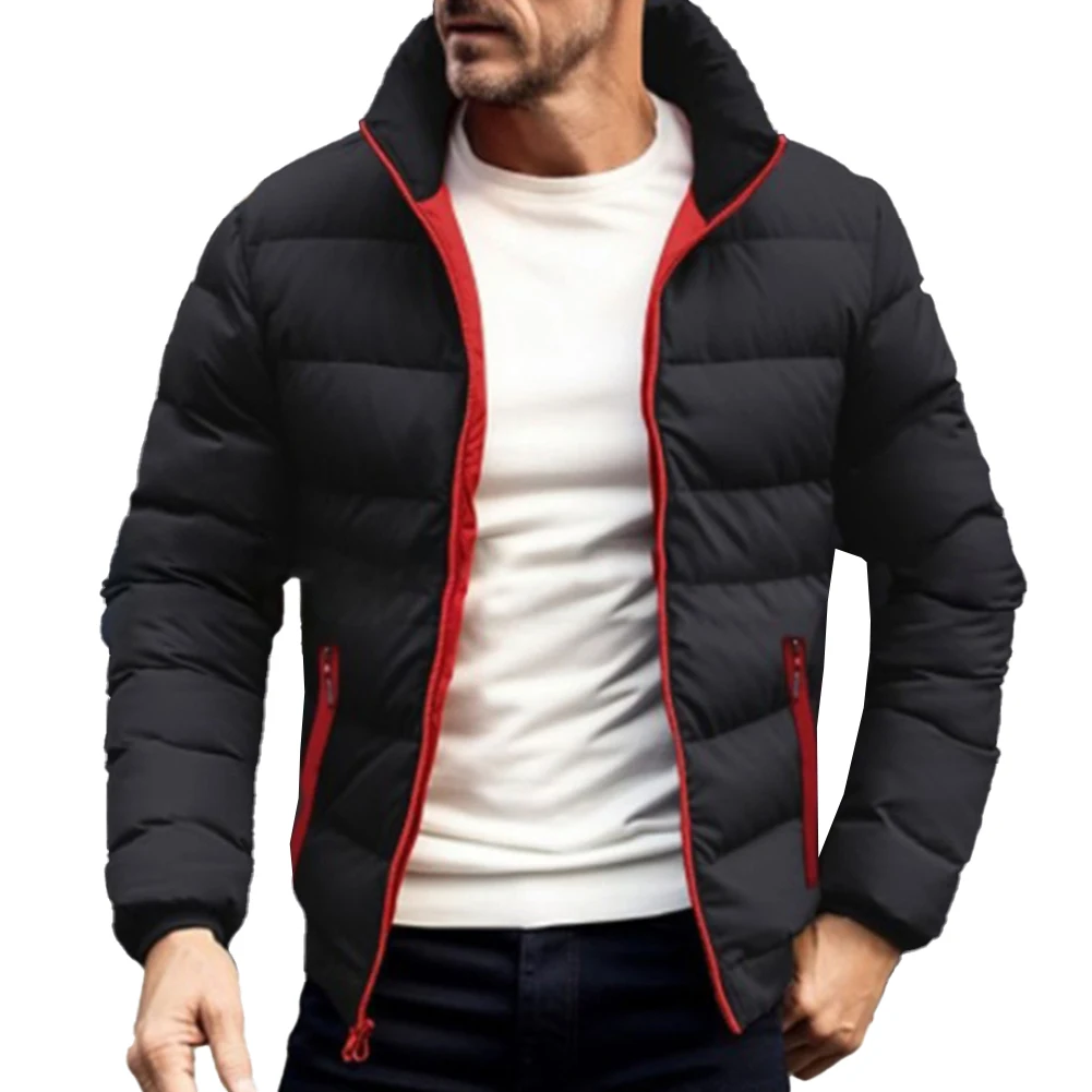 Mens Classic Winter Warm Quilted Padded Slight Strech Puffer Stand Comfortable Collar Solid Color Jacket Zip Up Coat Outwear