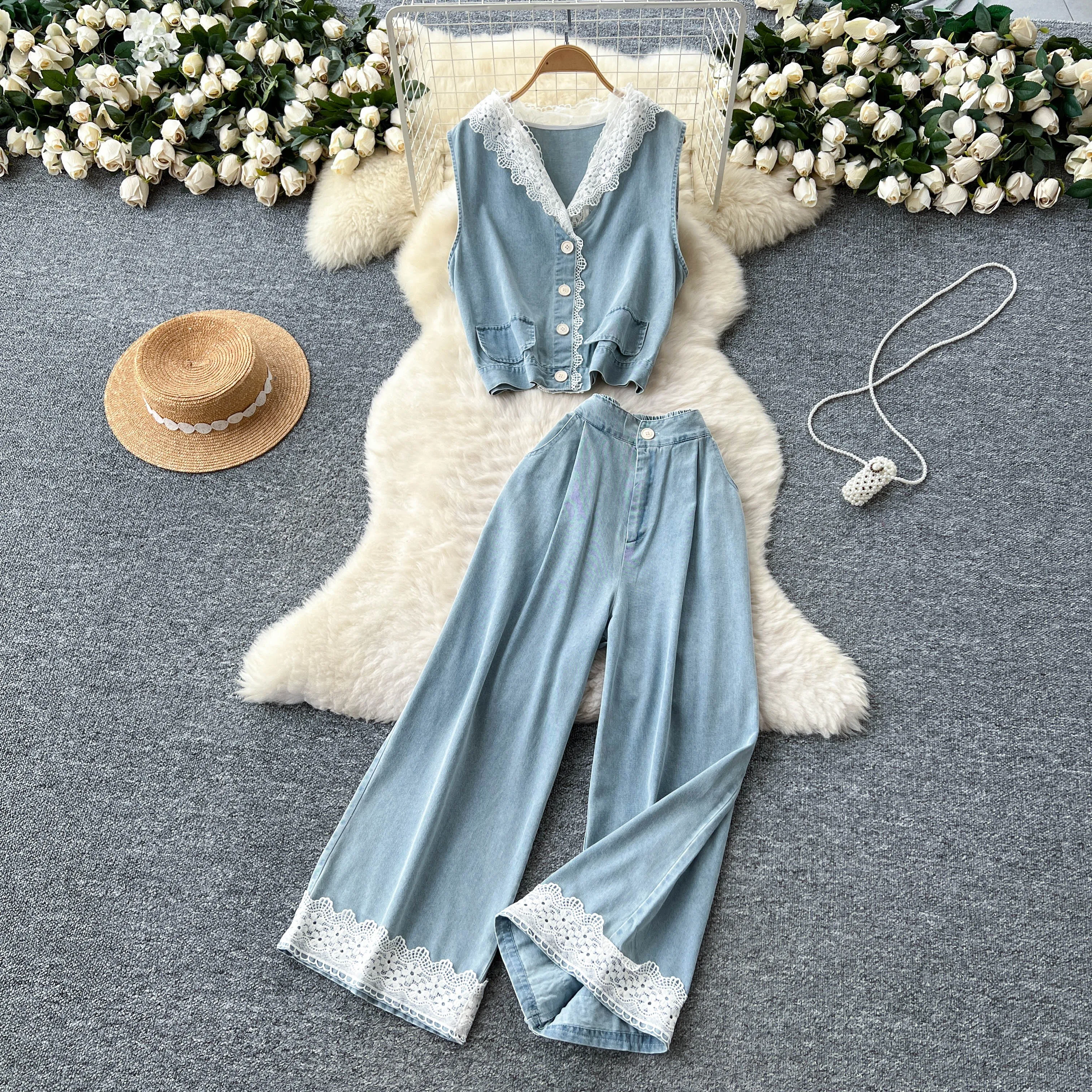 

Fashion Lace Splice Denim Set Women Single Breasted Basic Sleeveless Tops+Thin Wide Legs Pants Two Piece Suits
