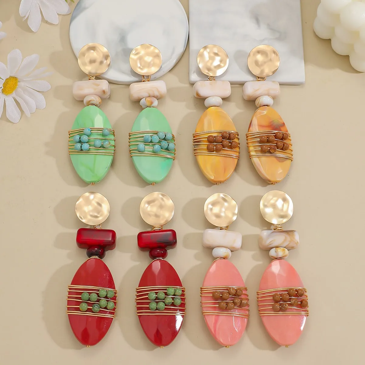 Maillard retro geometric medium and antique earrings women's light luxury high-end sense beaded hand-wound oval earrings