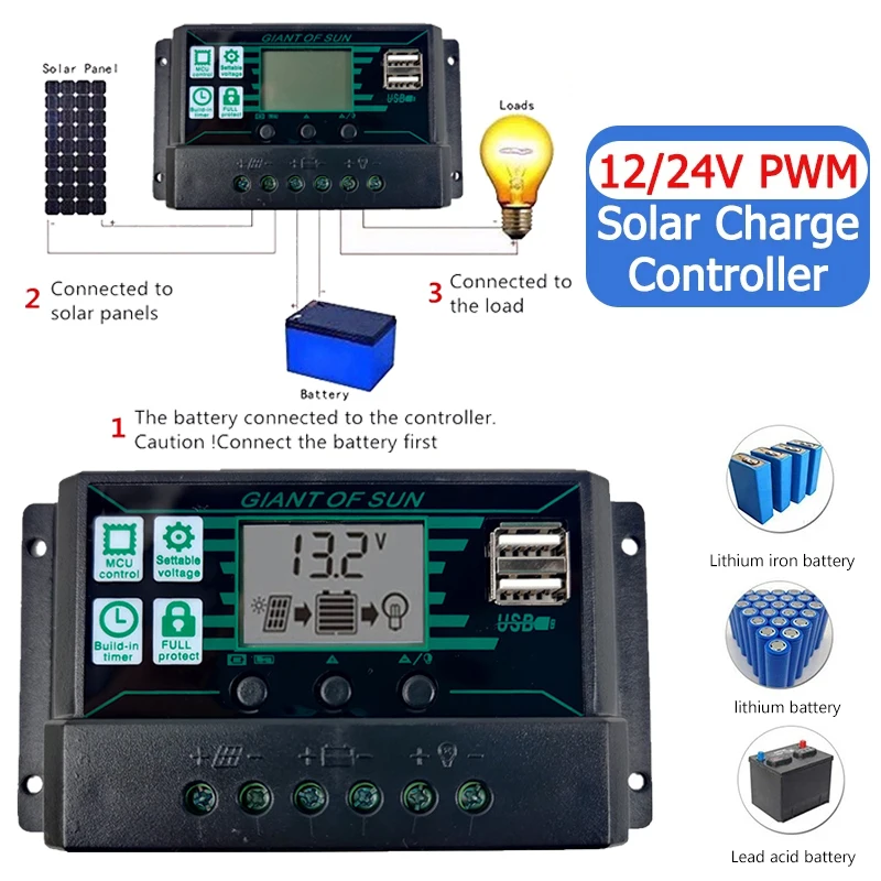 

Solar Controller PWM 60A 50A 40A 30A 20A 10A Charge and Discharge Controller 12V 24V Auto LCD Solar Regulator with Dual USB 5V