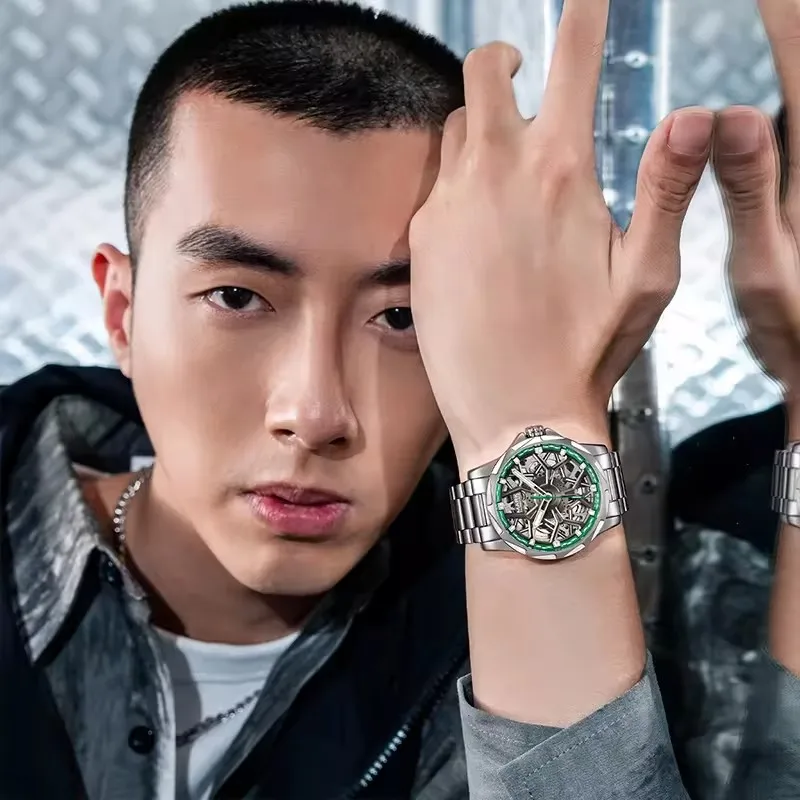 นาฬิกาข้อมือกลไกออโตเมติกหน้าปัดรูปดาวห้าแฉก Relojes ทำจากสแตนเลสผู้ชายแฟชั่นใหม่