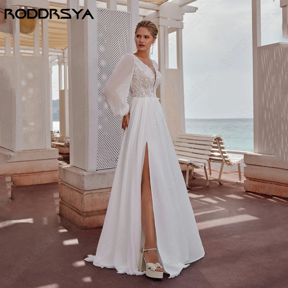 RODRSYA Chiffon Vestidos de Noiva Vintage Puff Sleeves Double V-Neck Vestidos de Noiva ARODDRSYA Chiffon Vestidos De Casamento Vintage Puff Mangas Duplo V-Neck Noiva Vestidos Applique Side Split A-Line Vestido De Novia