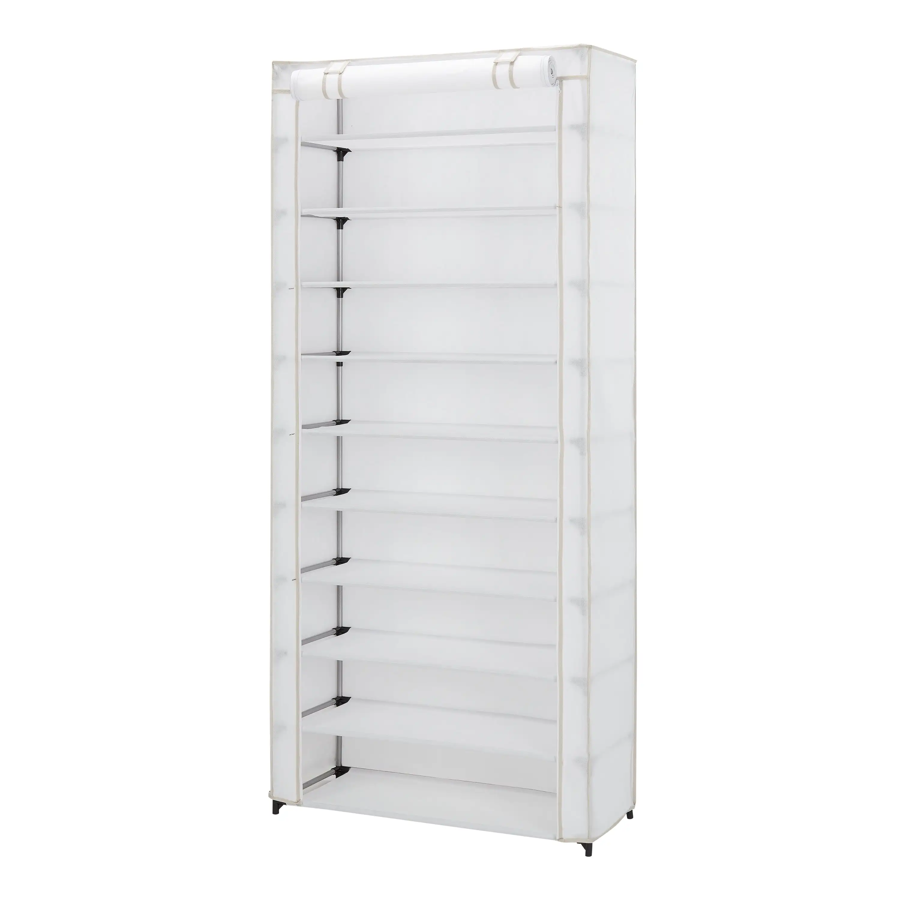 

10 Shelf Organizer Shoe Rack with Cover to Hold 30 Pair Shoes, 31.5 in W X 13.46 in D X 69.09 in H, White