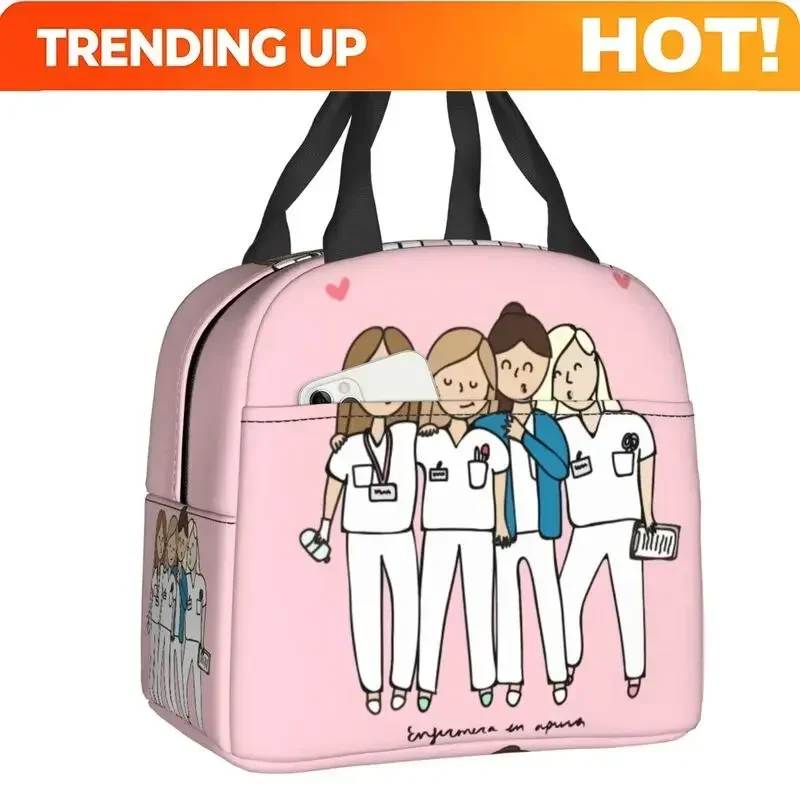 Custom Bag Custom Cartoon Ladies Nurse Doctor Printed Lunch Bag Women Reusable Cooler Thermal Insulated Lunch Box Multifunction