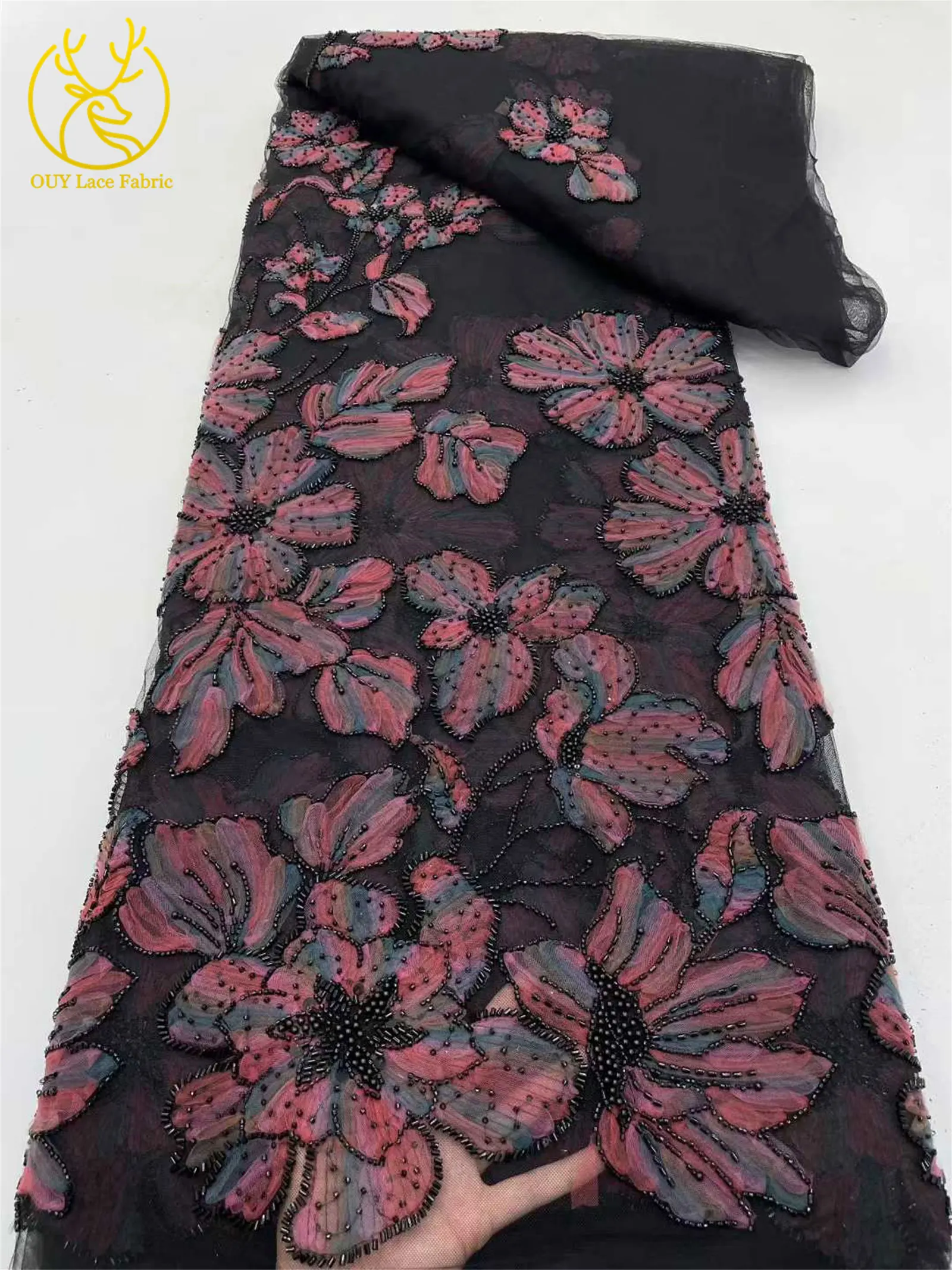 Elegant Nigerian African Beaded Lace Fabric 2025 French Sequins Embroidered Flower African Lace Fabric for Sewing Dresses