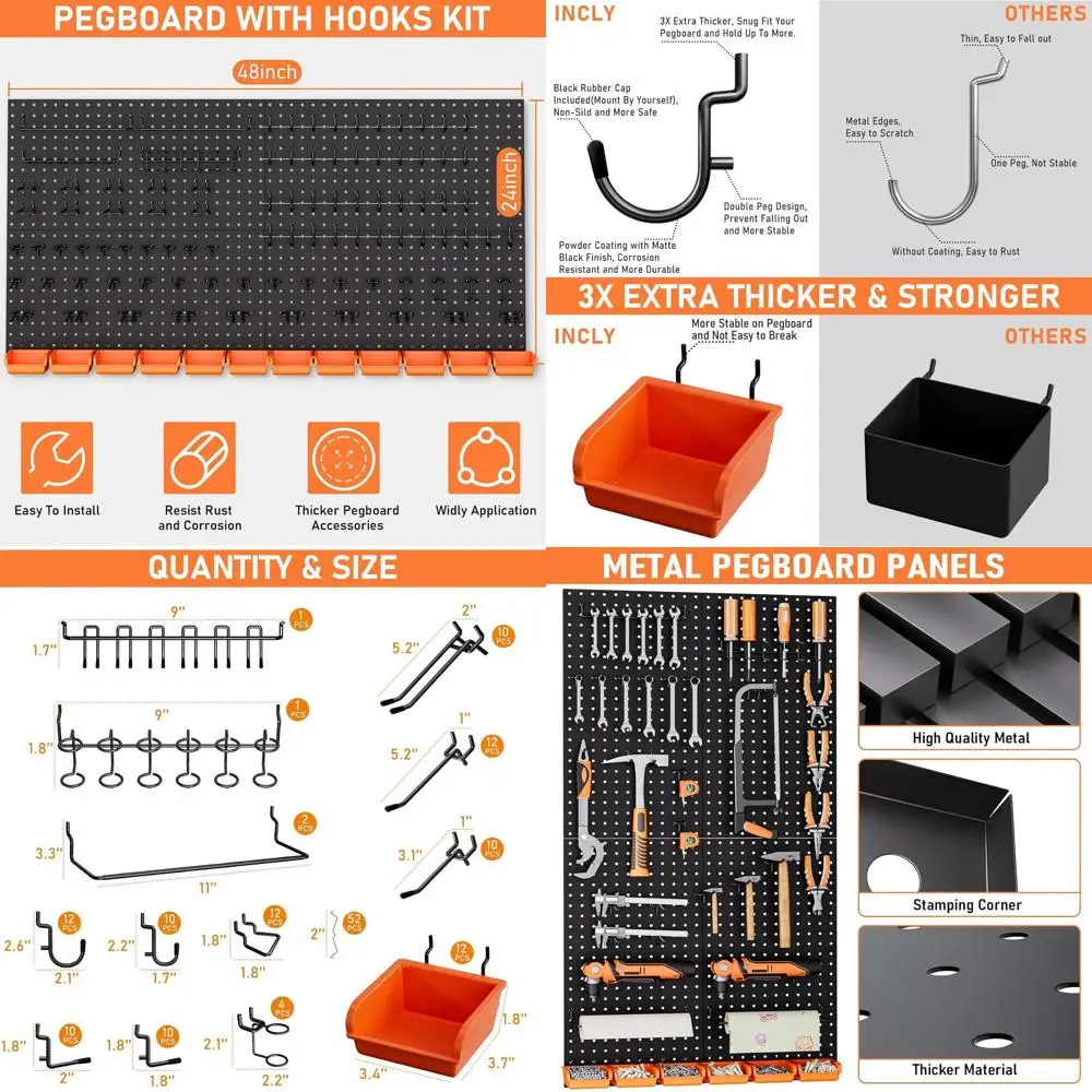 Kit de Panel de Clavijas Metálico de 48x24 Pulgadas con Ganchos de 1/4", Accesorios, 4 Paneles de Clavijas y 156 Organizadores de Pared Negros