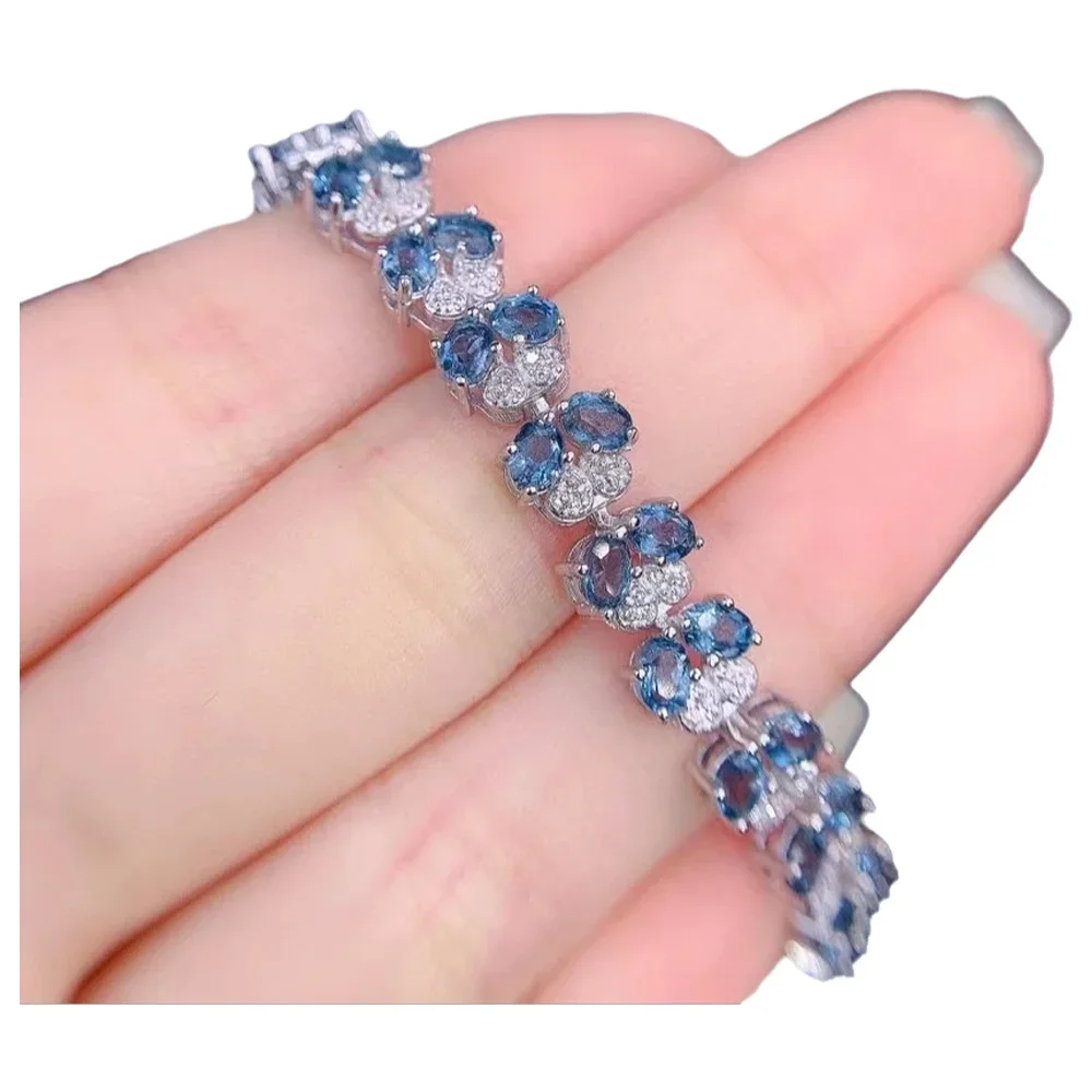 

925 Sterling Silver Inset with Natural Gemstones, Women's Fine Jewelry, Popular Noble Plant Blue Topaz Hand Bracelet, Detec