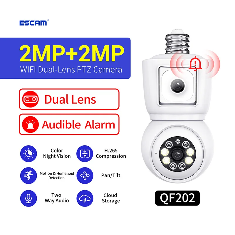 

ESCAM QF202 E27 Bulb Camera 2*2MP Dual Lens Dual Picture Monitoring PTZ Bidirectional Voice Mobile Detection Wifi Camera