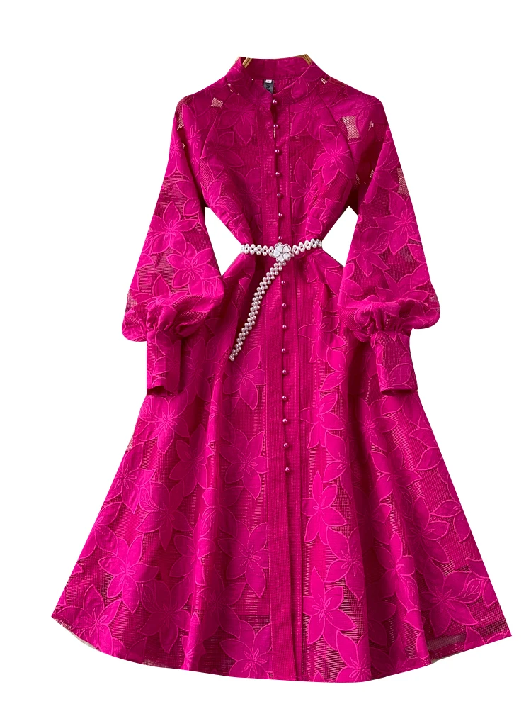 Ele Heavy Stickerei Hollow out Round Ne Single Button Lantern Sve Waist Cinched Dr Retro Court Sle A-Line Rock