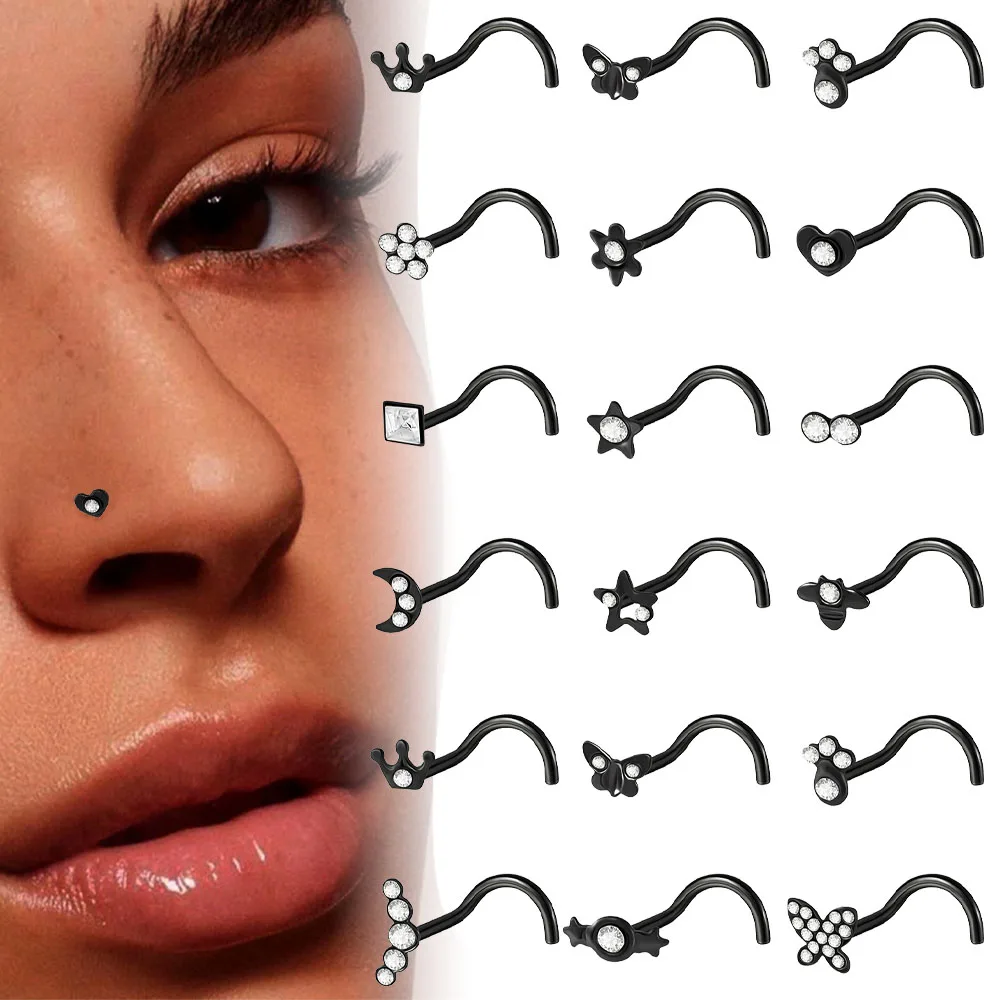 1 pieza de acero inoxidable negro brillante corazón CZ en forma de S nariz Stud estilo Neutral hipoalergénico Mini Piercing joyería para el cuerpo 20G