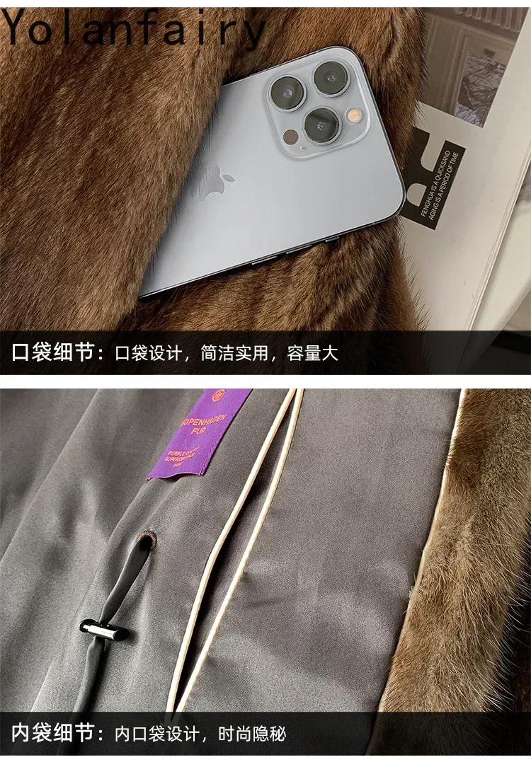 YOLANFAIRY معطف الشتاء الفراء الحقيقي المرأة دعوى طوق المخملية معاطف فرو المنك الكامل للنساء سترات طويلة من الفرو كم سحب الدانتيل يصل