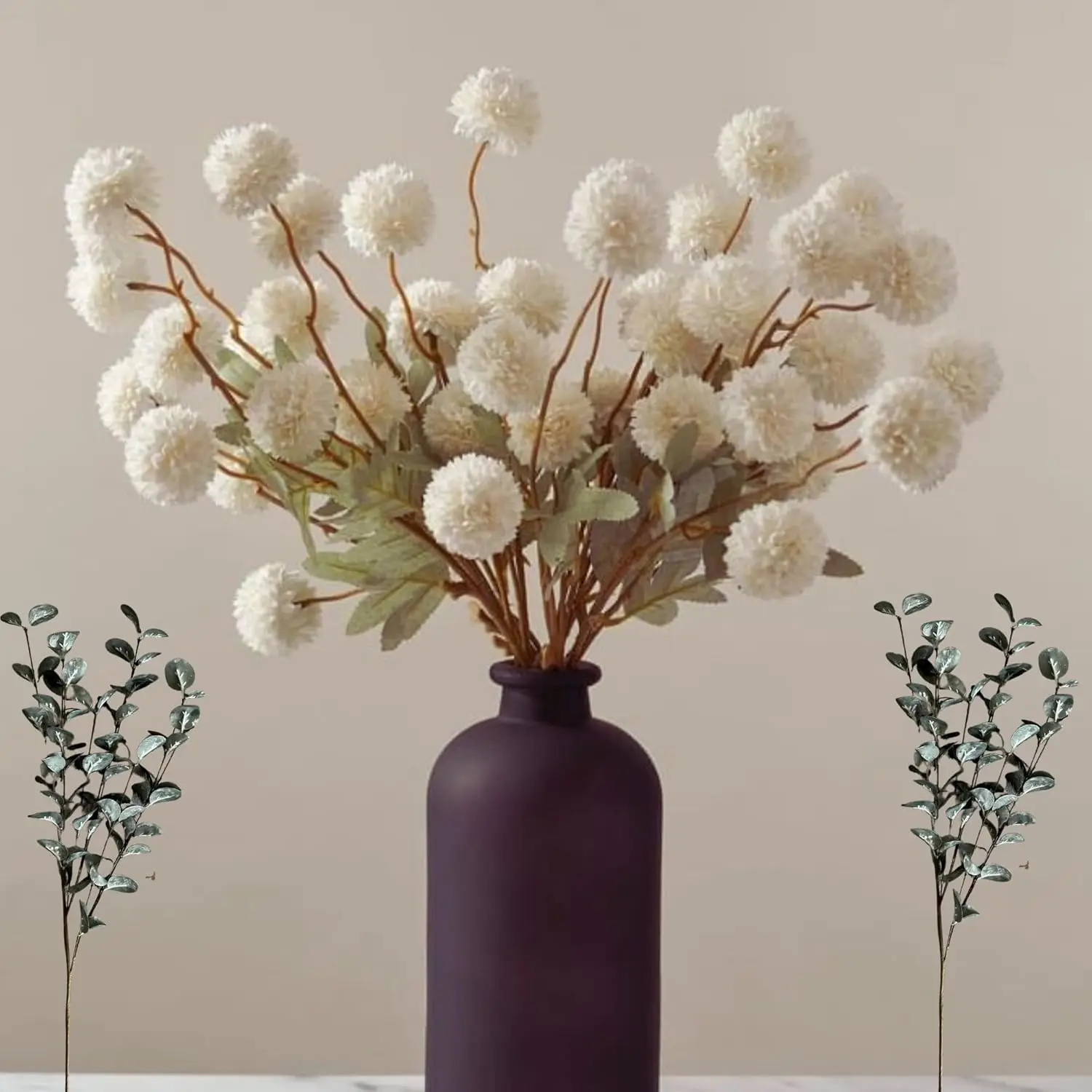 

Faux Kiku Flower White - 10 Stems & Eucalyptus Stems 2 Branches, Fake Small Mini Chrysanthemum Flowers, Realistic Artificial