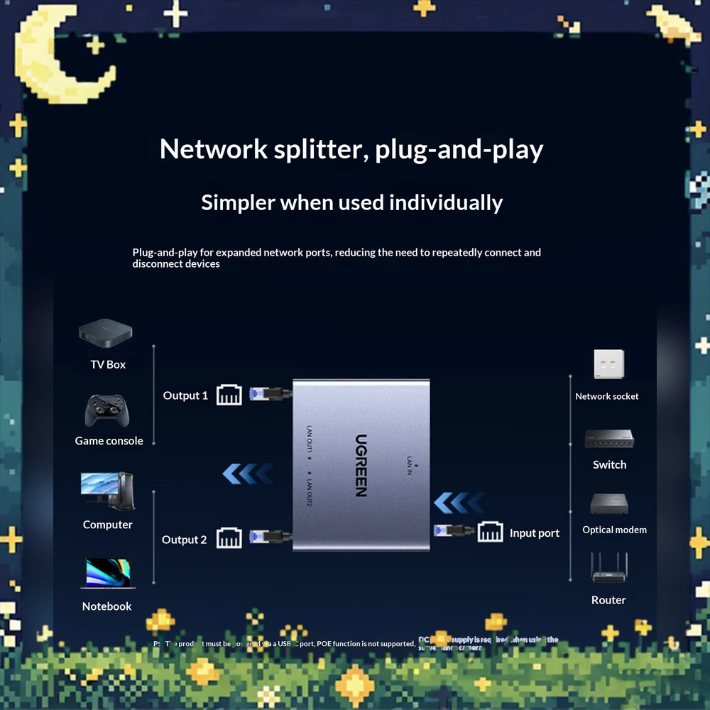 UGREEN 35598 NW301 Gigabit Ethernet Splitter 1 In 2 Out RJ45 Network Switch Adapter for Two Devices