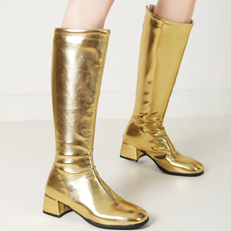 Women\'s Knee High Boots Winter Shoes 2025 Gold Silver Low Heeled Long Boot Ladies Party Footwear Shoes Large Size 45 Waterproof