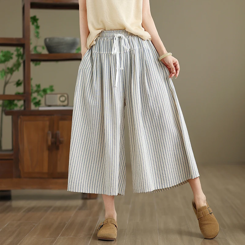 Emagrecimento cintura alta algodão linho calças de perna larga das mulheres preguiçoso sle sete Polegada calças roxo listrado calças casuais
