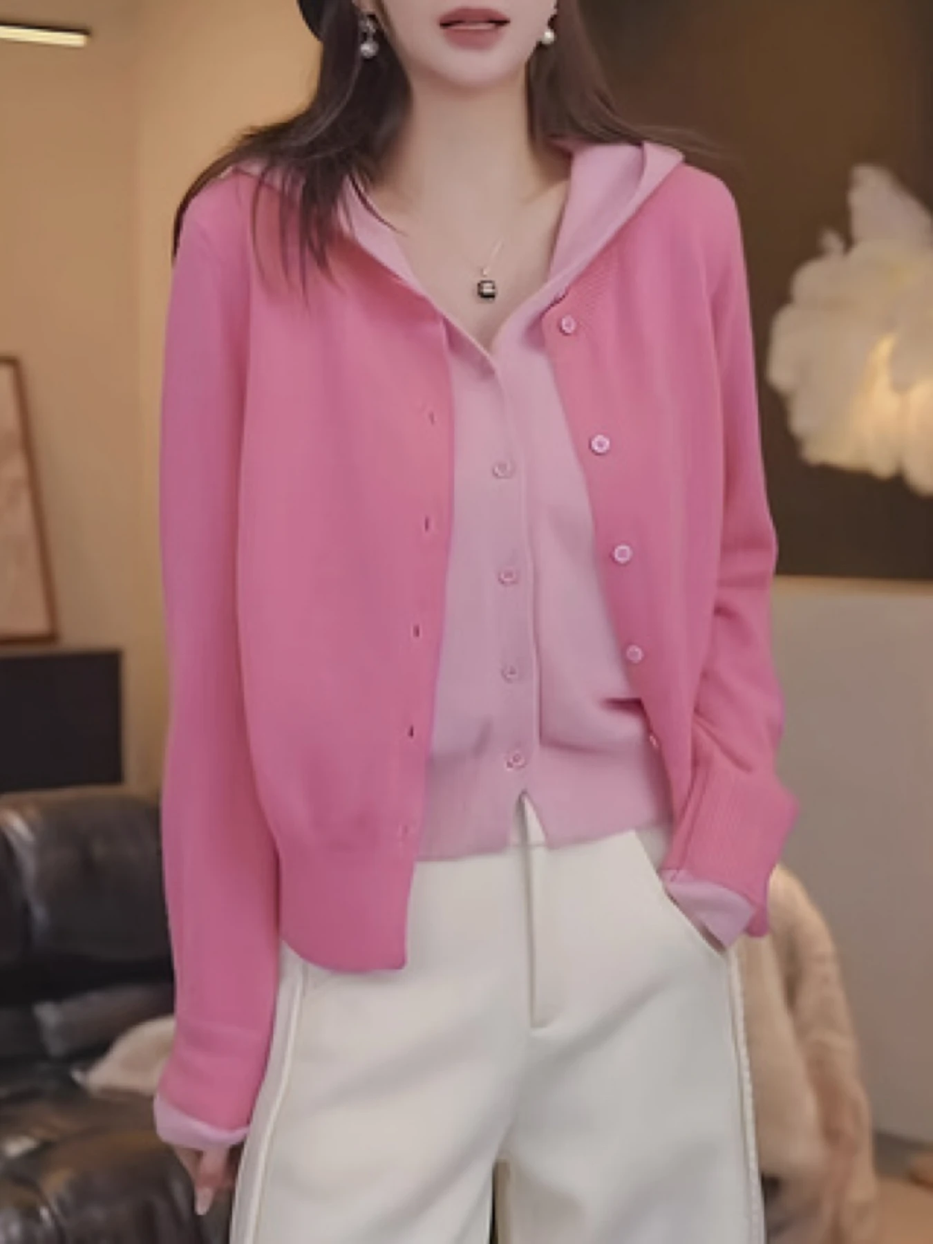 2025 الخريف/الشتاء كتلة اللون زر متماسكة مقنعين وهمية قطعتين سترة سترة