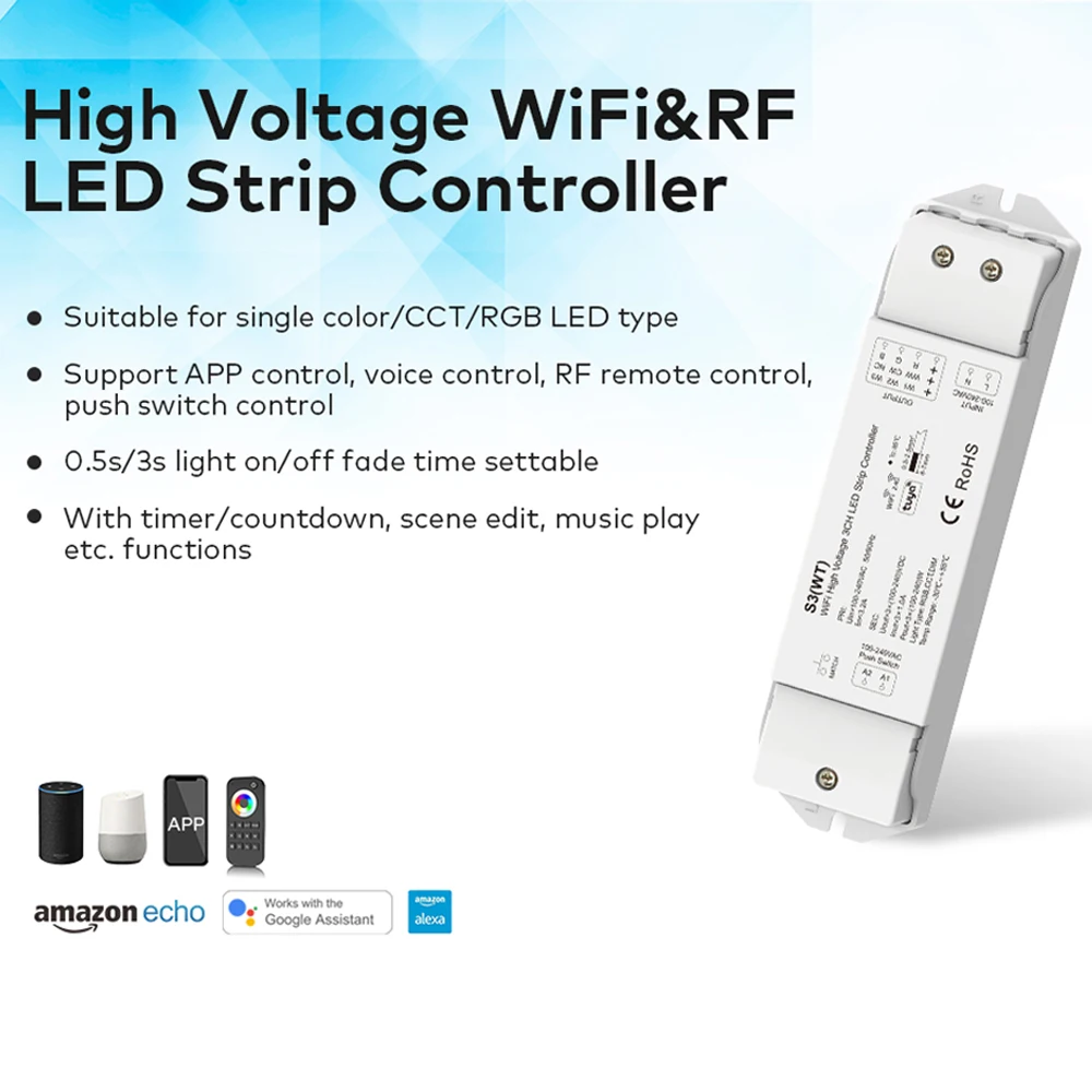 Tuya WiFi 3CH Voltage LED Strip Controller 110V 220V 230V RGB W CW RF 2.4G Voice Remote Dimming Control for Alexa Google Home